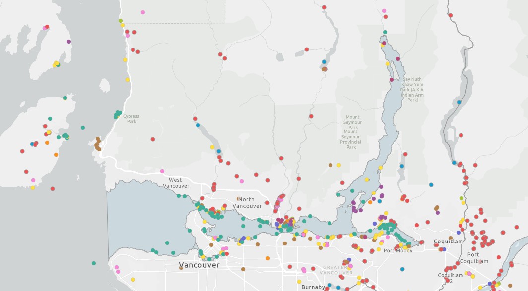 A region-scale map graphic representing səlilwət / Burrard Inlet as well as point locations of monitoring events.